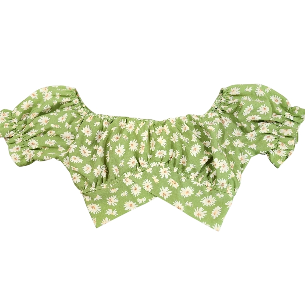 Green Floral Cottagecore Boho Puff Sleeve Prairie Milkmaid Cropped Top Women's S